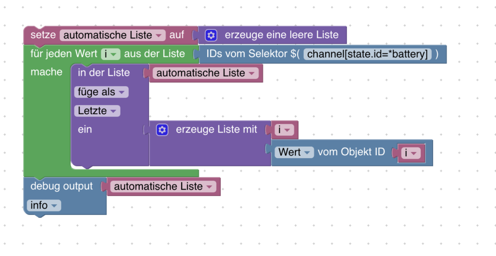 ioBroker: Automatische Listen einfach mit Blockly erstellen 9 Mit Blockly und dem ID-Selektor kannst ganz einfach automatische Listen erstellen. Zum Beispiel kannst du dir damit ohne zusätzliche Einstellungen alle Devices zusammen mit dem Batteriestand anzeigen kassen. Oder eine Liste aller Kontaktsensoren und deren Status ausgeben. Oder oder ...