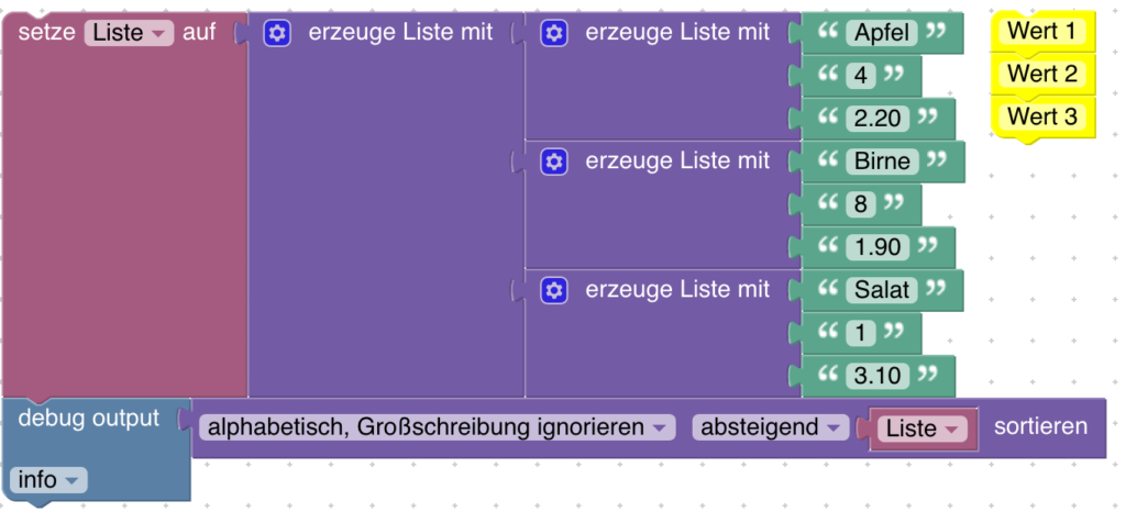 Blockly-Beispiel: Listen mit Blockly nach allen Werten sortieren